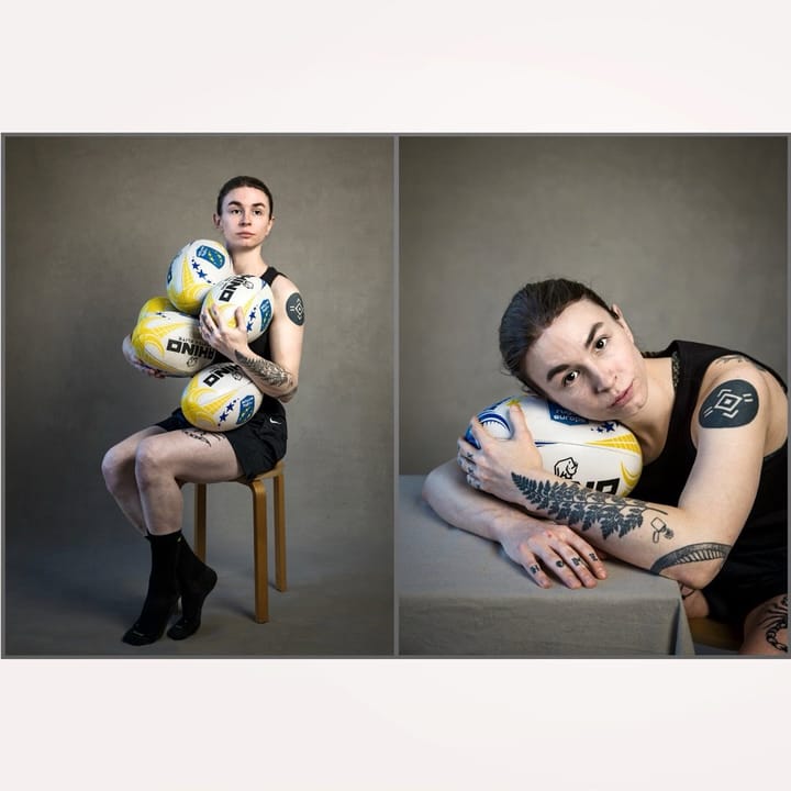 Two studio portraits of Grace with rugby balls, photographed by Hadas Itzkovitch and Anya van Lit.